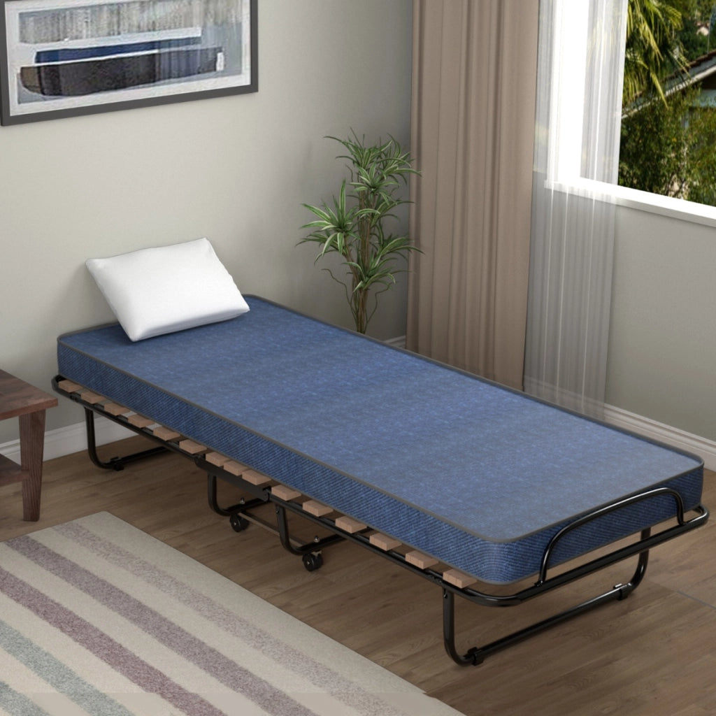 Letto pieghevole con materasso in memory foam spesso, Letto portatile con 4 ruote girevoli 190x80x33cm Blu scuro-Letti e strutture