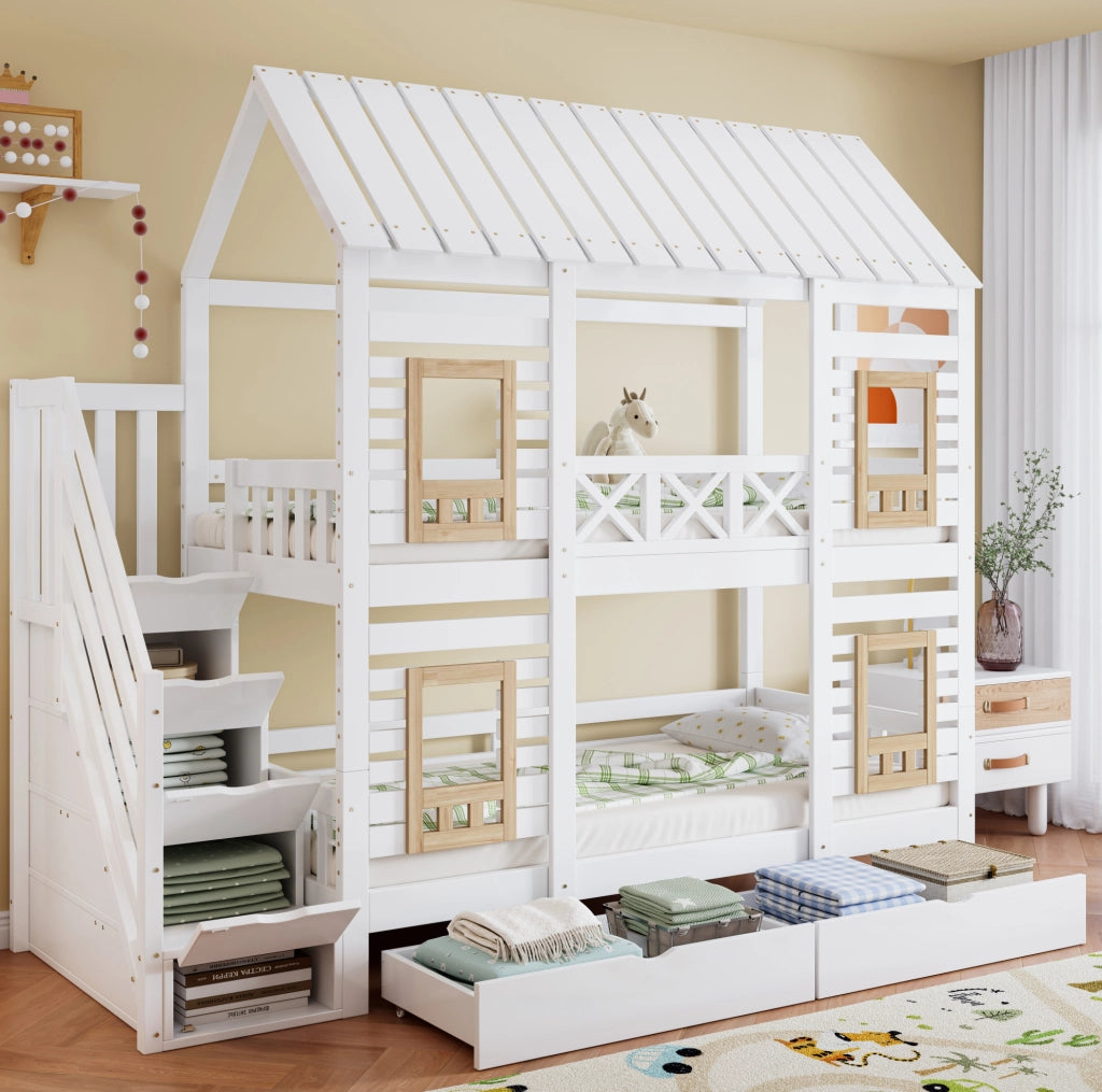 Letto a castello per bambini con finestre, scala contenitore e cassetti