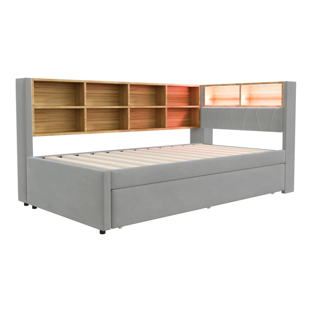Divano letto multifunzionale 90x200 cm con letto estraibile 90x190 cm, LED, prese di ricarica e vani contenitore, grigio chiaro
