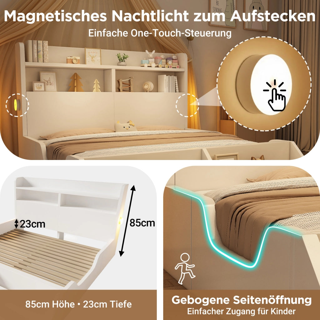 LETTO 140x200 cm Bianco in legno con libreria e luci notturne