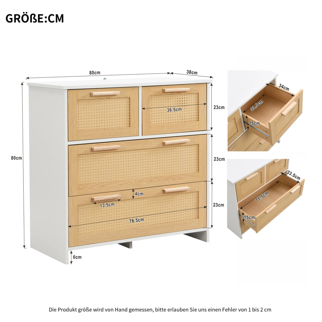 Cassettiera 80x38x80 cm con 4 cassetti; guide scorrevoli; MDF; naturale e bianco