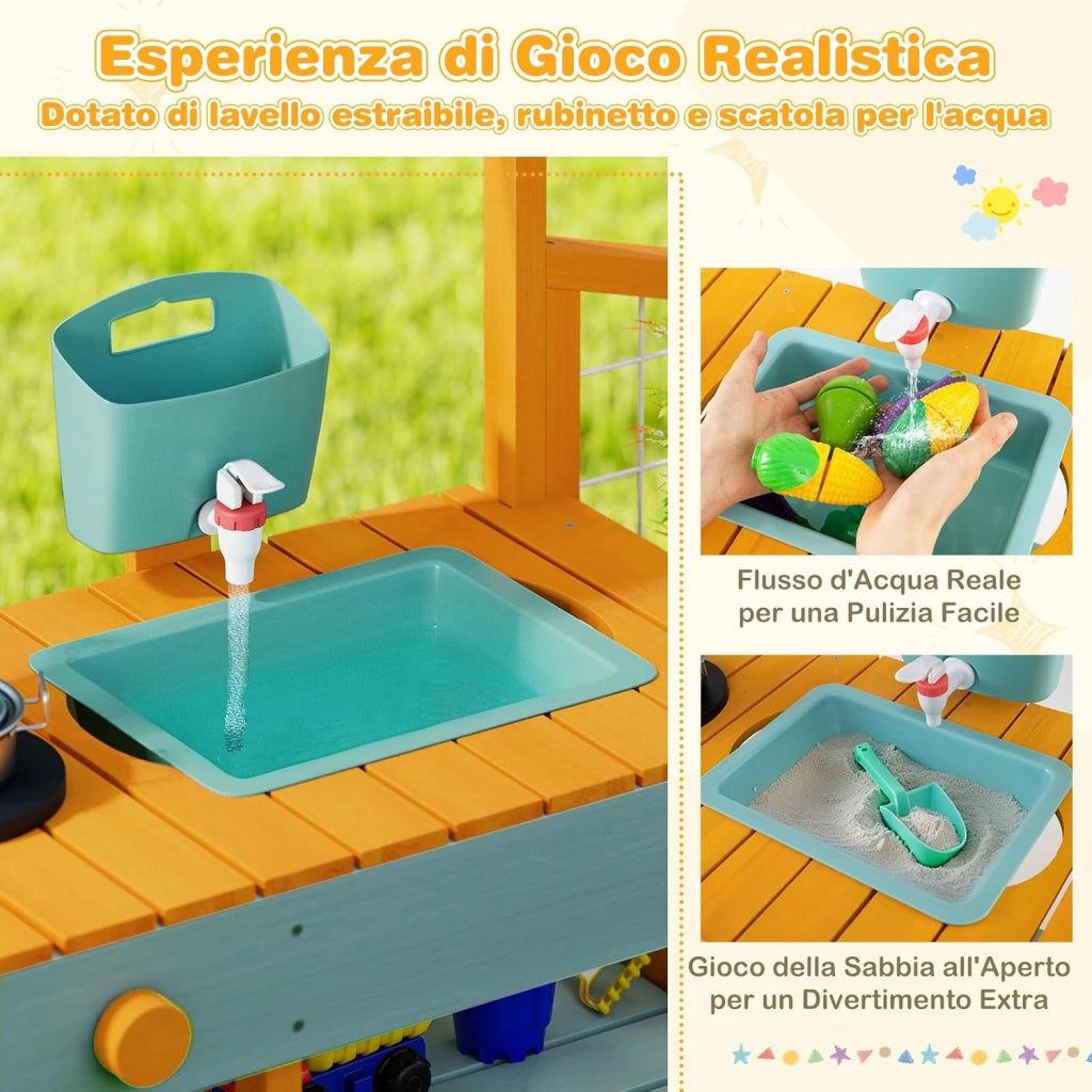Cucina da Esterno in Legno per Bambini, Cucina da Gioco con Cassettiera per Piante, Lavandino Rimovibile, Rubinetto, Fornelli e Accessori, per Bambini 3-8 Anni (Verde Chiaro + Giallo)