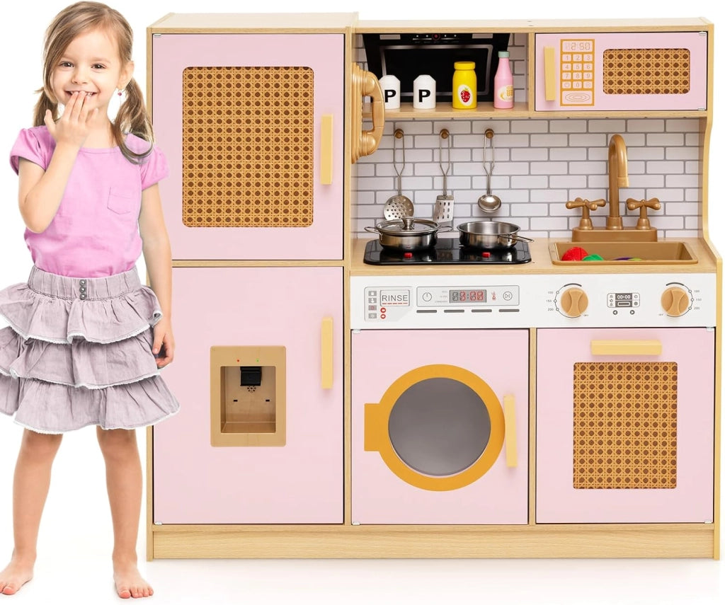 Cucina Giocattolo per Bambini, Cucina Legno per Bambini con Luci, Suoni, Frigorifero, Distributore d'Acqua, Lavatrice, Accessori Ricchi e Ante in Rattan, per 3 Anni+ (Giallo Caldo)
