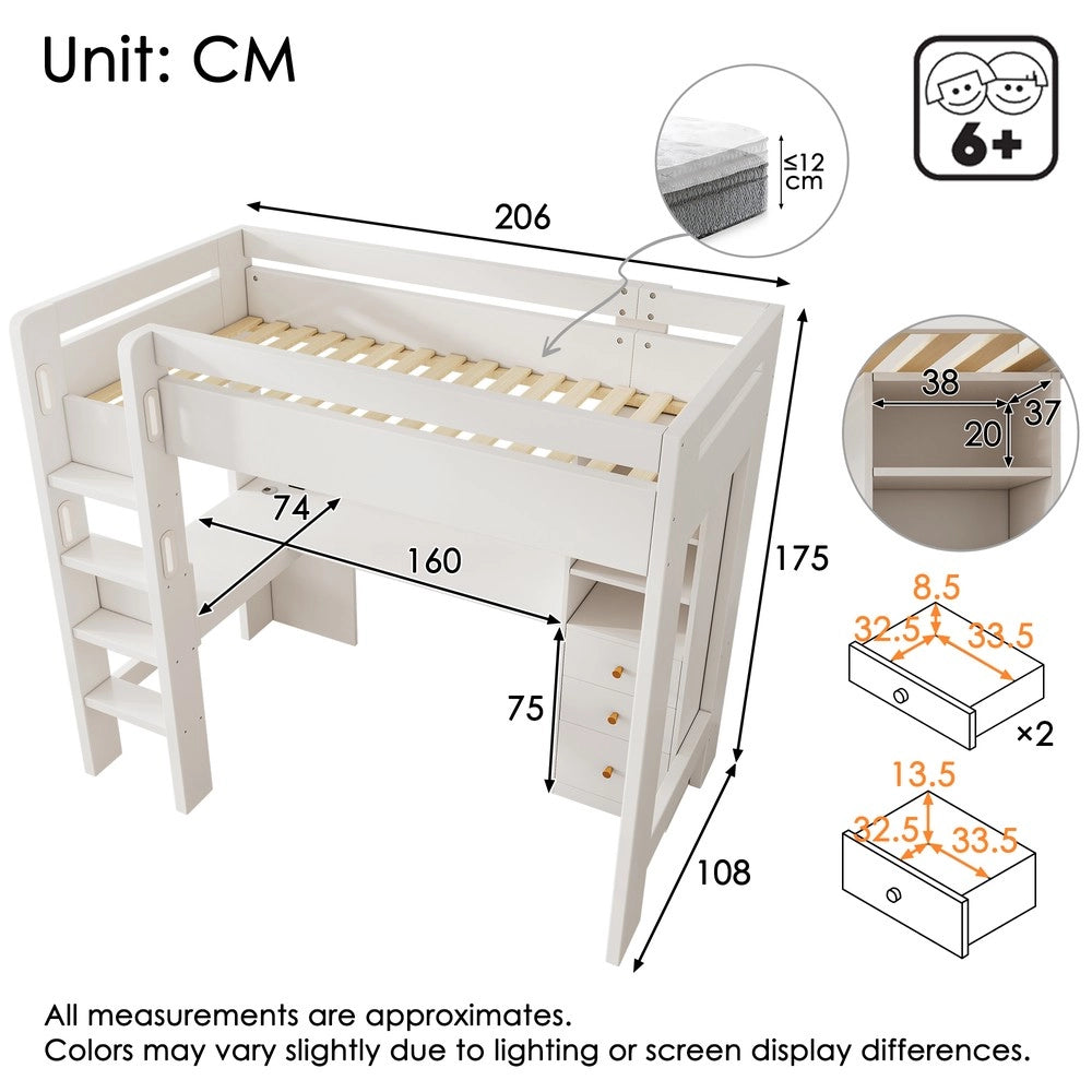 Letto a Soppalco con Scrivania ad L, Cassetti e Doghe in Legno ¨C MINIMAL ¨C Bianco 90x200