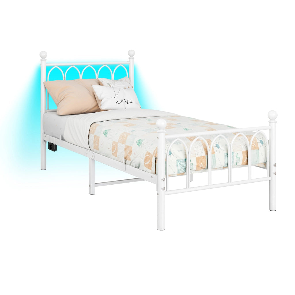 Letto singolo 90 × 200 cm con LED, 2 USB e presa, testiera alta, contenitore sotto letto, senza materasso, bianco