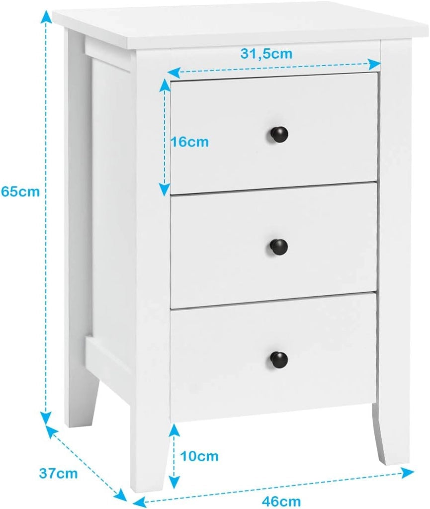 Comodino con 3 Cassetti, Cassettiera da Letto, Tavolino Spazioso con Struttura Resistente, per Salone e Camera da Letto, 46 x 37 x 65 cm (Bianco, 1 pezzo)