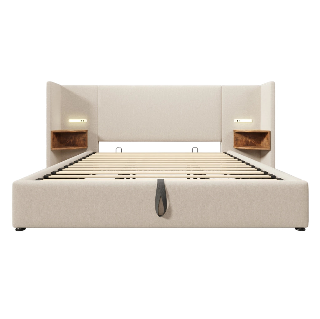 Letto matrimoniale 180x200 cm con testiera multifunzione; luce di lettura; USB e Type-C; beige