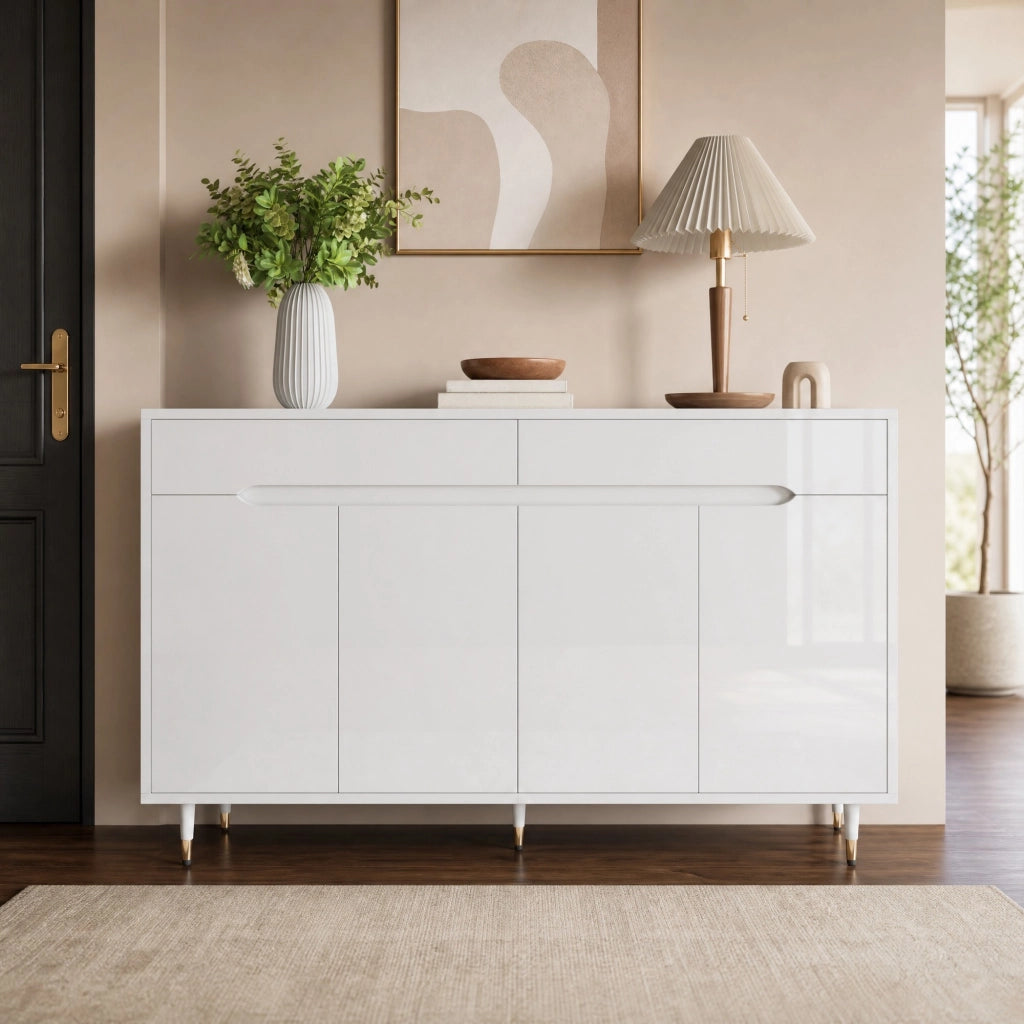 Armadio portascarpe moderno 140x39x84 cm bianco con gambe dorate; 2 cassetti e ripiani regolabili