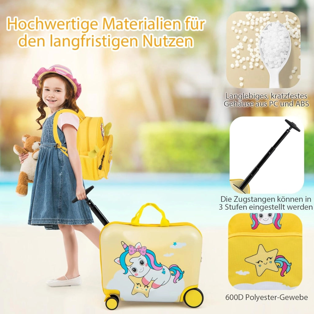 Set di Valigia Cavalcabile 18’’ + Zaino 12’’ per Bambini 2 Pezzi, Bagagli 2-in-1 di con Maniglia Telescopica e 4 Ruote, Trolley Bagaglio a Mano e Zaino per Bambini (Giallo Unicorno-C)