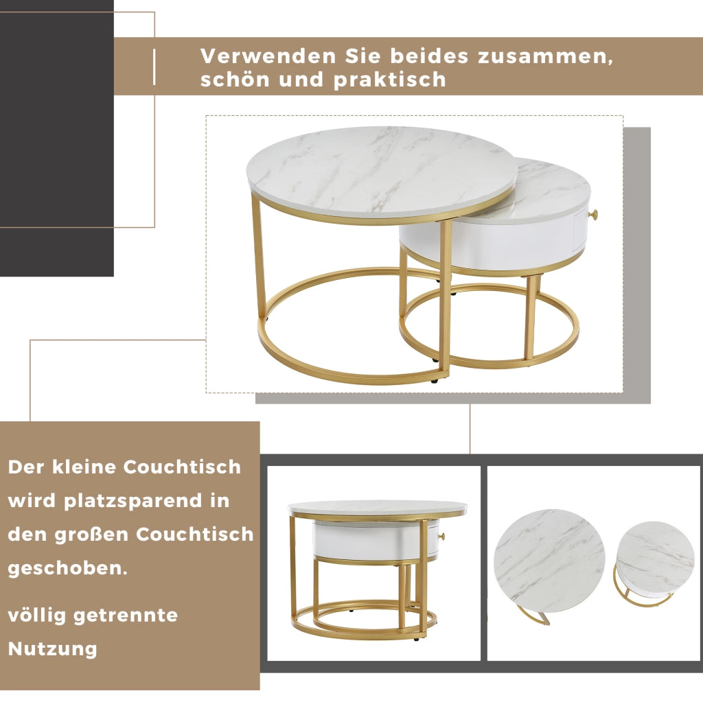 Set 2 tavolini da salotto rotondi impilabili 70/50 cm in MDF bianco lucido effetto marmo