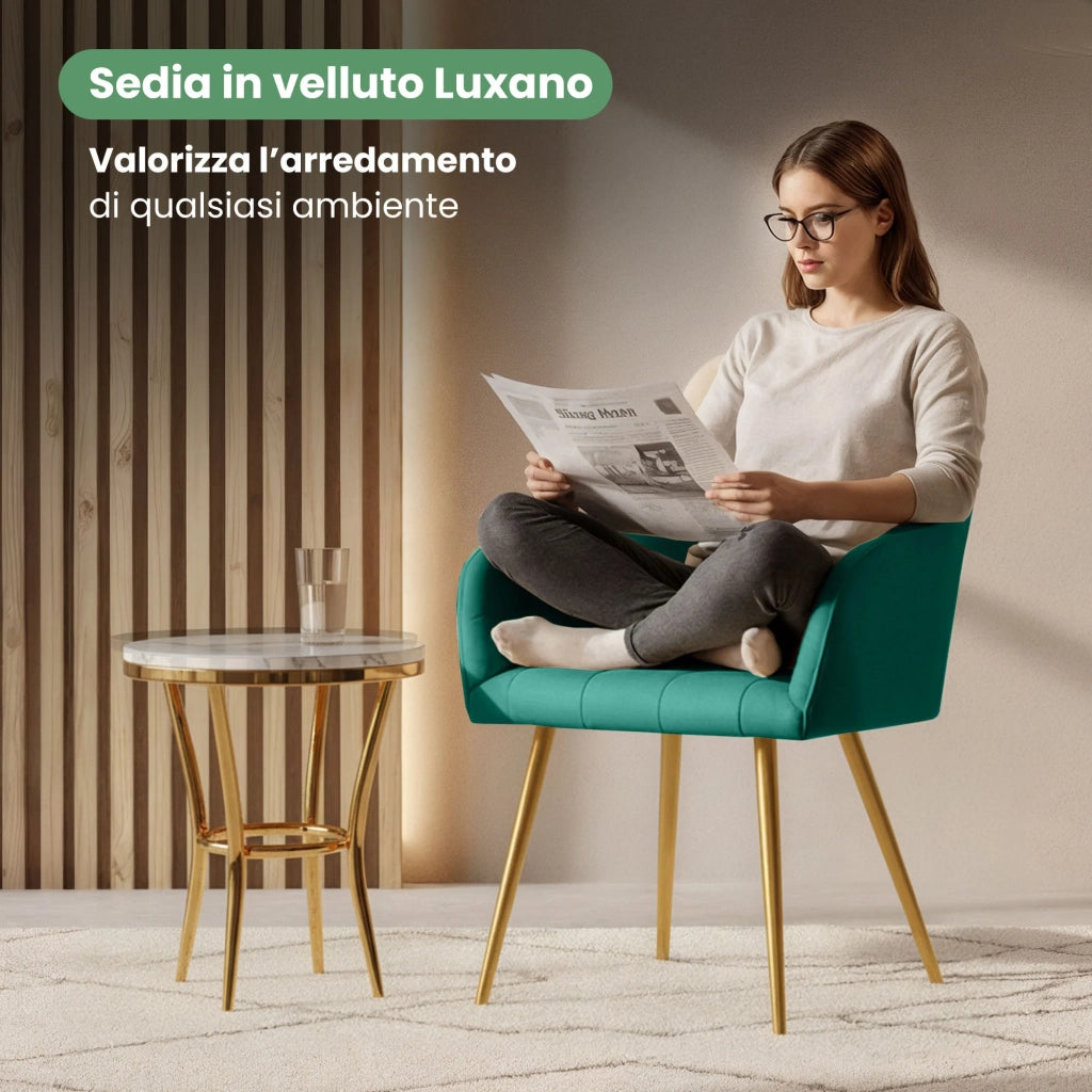 Set di 4 Sedie imbottite con cuciture quadrate LUXANO Verde Bottiglia gambe oro