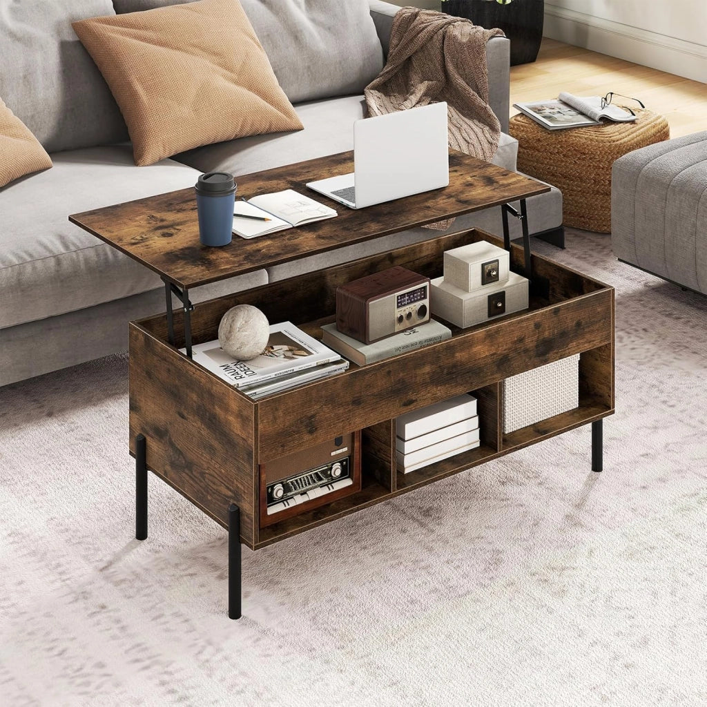 Tavolino da Caffè Sollevabile, Tavolino da Salotto con Piano Regolabile in Altezza, Scomparti e Piedini Antiscivolo, Design Moderno, per Soggiorno, Camera da Letto, Studio (Marrone)