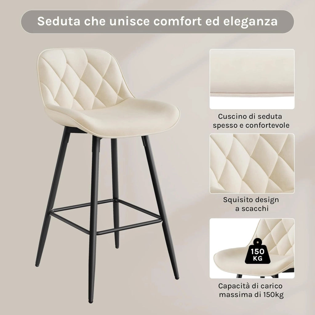 Sgabelli cucina, Sgabelli Bar con Schienale Sedia da Cucina con Poggiapiedi Sgabello Alto Imbottito Sedia in Velluto con Gambe in Metallo per Bistrot Pub Sala da Pranzo, Crema