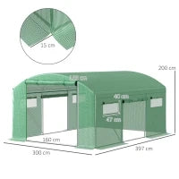 Tunnel di Coltivazione 4x3x2 m con 6 Finestre 3 Porte Avvolgibili Copertura in PE e Struttura in Acciaio Zincato Verde