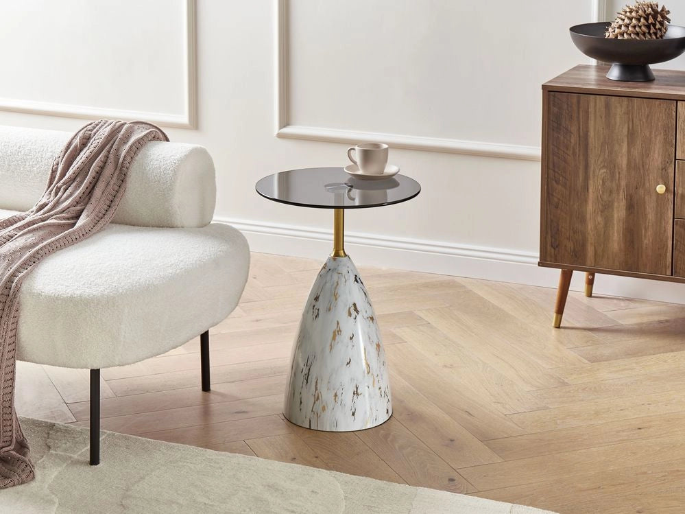 Tavolino in metallo bianco e nero con piano in vetro temperato Effetto marmo Tavolino da salotto Tavolino finale Stile glamour