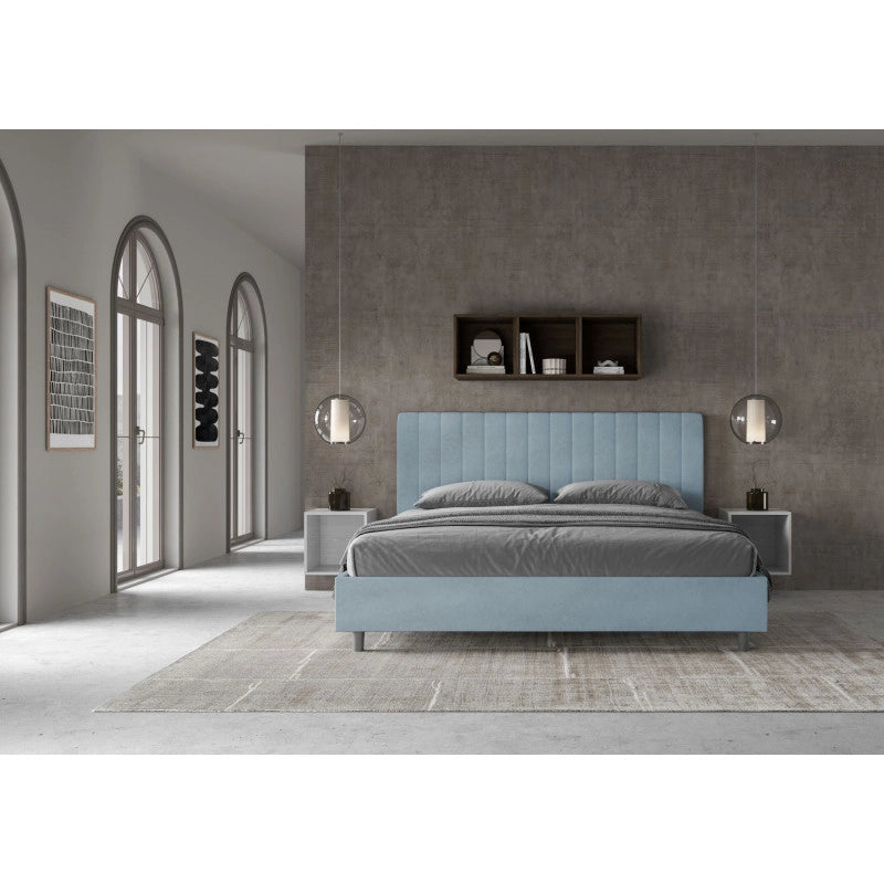 Letto imbottito Matrimoniale 190x210 cm Agueda - Con rete,Microfibra,Azzurro