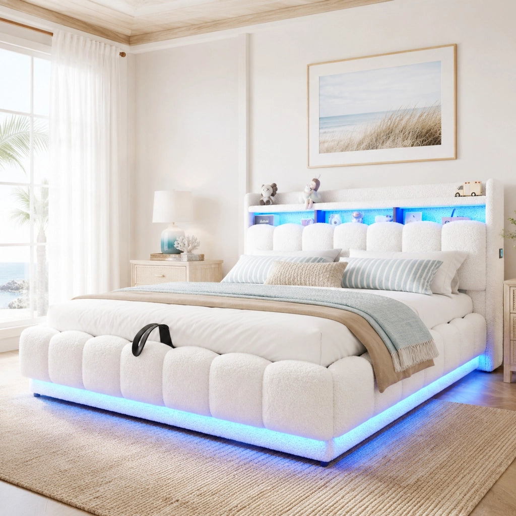 Letto imbottito 180x200 cm con contenitore idraulico, LED, USB e presa, bianco