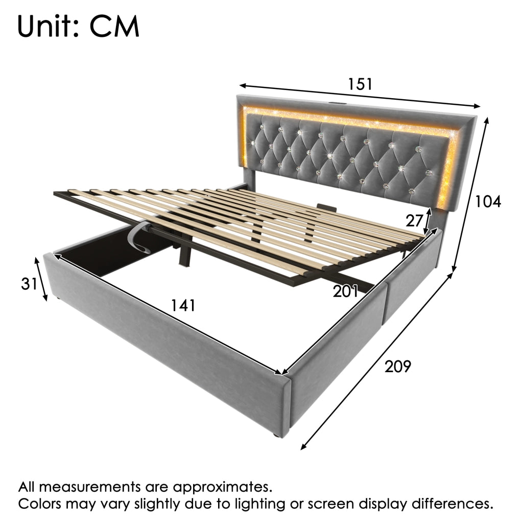 Letto contenitore imbottito ULEVR 140x200 cm con LED, USB e Type-C, testiera in velluto grigio