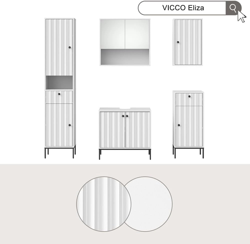 Armadio per il bagno Eliza, Ondulazione bianca, 40 x 190 cm con 2 porte, per la conservazione di accessori da bagno e combinabile con la serie Eliza