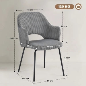 SEDIA DA PRANZO in corduroy Grigio con braccioli e struttura in acciaio