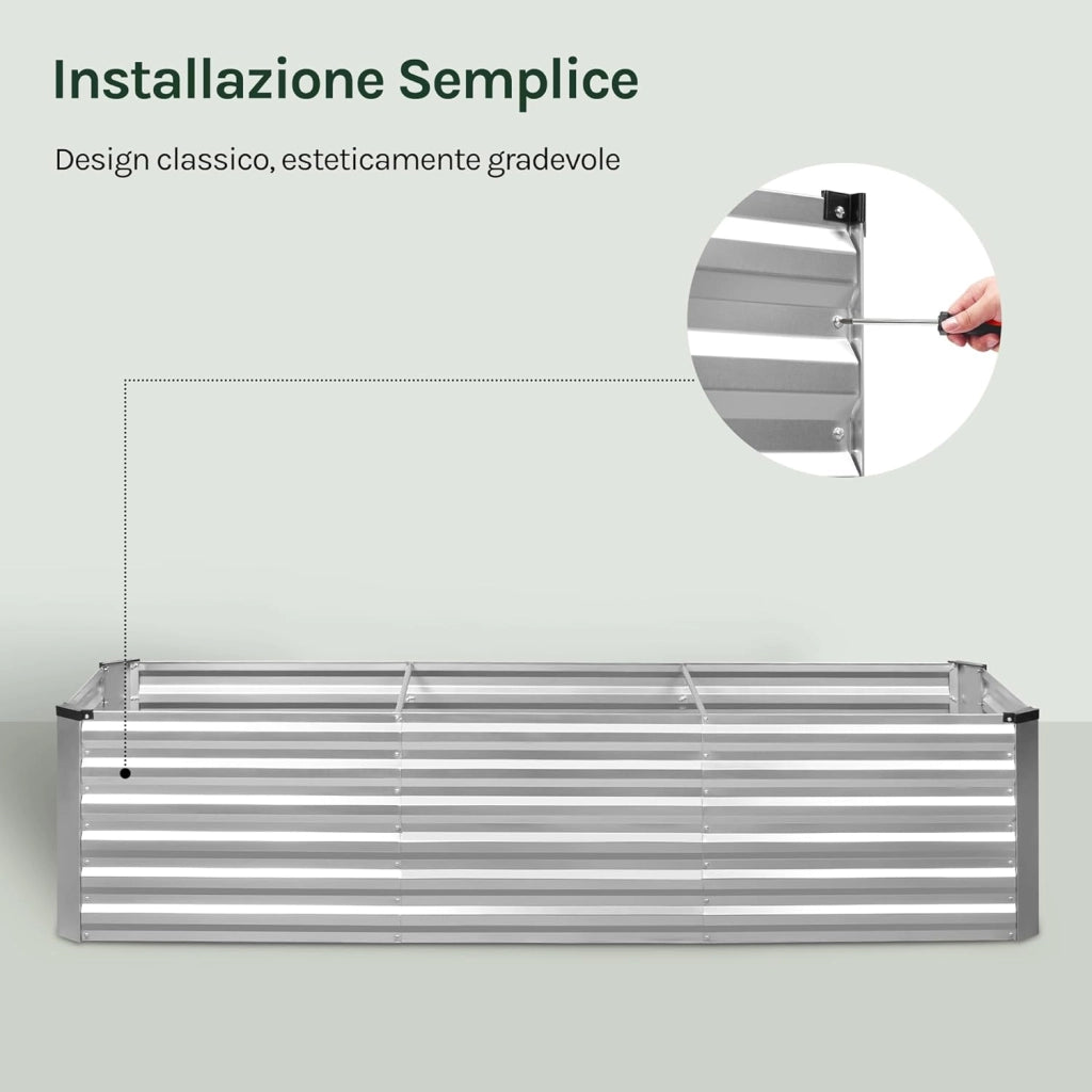 Fioriera rialzata per giardino, balcone, fioriera in robusta lamiera d'acciaio con design robusto, 238 x 56 x 80 cm, argento