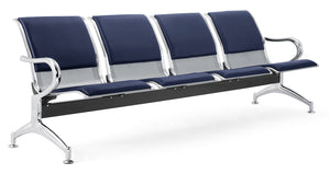 Panca per Sala Attesa 4 Posti da Ufficio con Cuscino in Acciaio e Similpelle Argento/Blu Navy