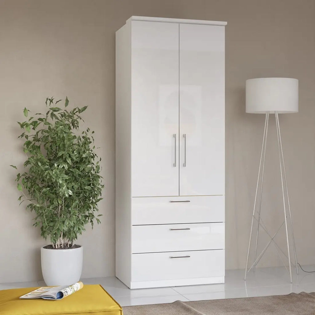 Armadio con 2 ante e 3 cassetti per cabina armadio collezione MODULO, colore bianco con LED e pacchetto di 3 ripiani incluso.