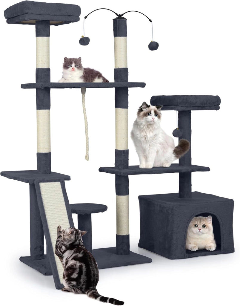 Albero per Gatti Alto 136 cm, Tiragraffi per Gatti da Interno con Tiragraffi, Rampa, 2 Posatoi Imbottiti, Ampio Condo, Palline Pendenti, Corda Appesa e Piattaforma Multilivello (Grigio Chiaro)