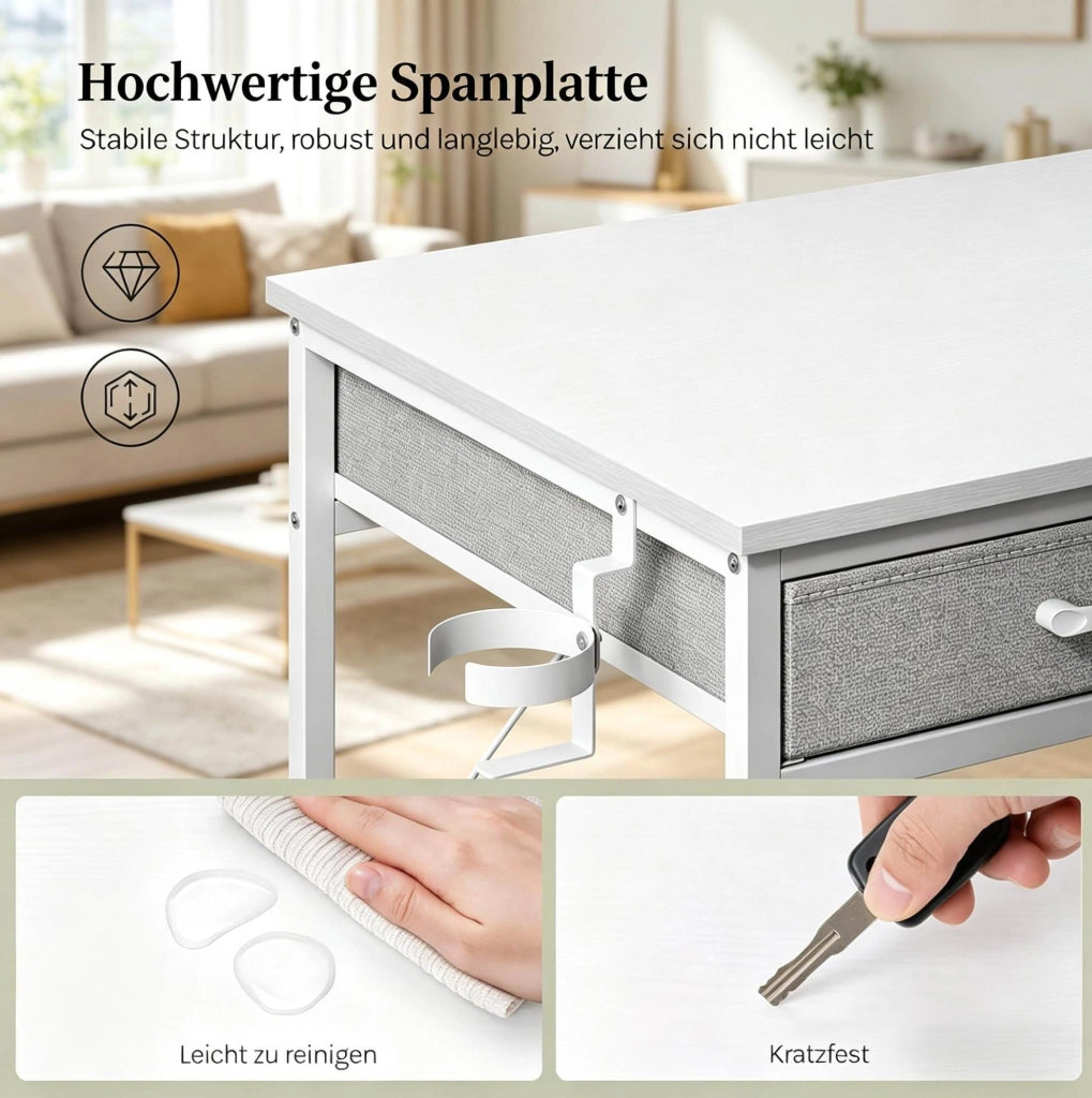 Scrivania ULEVR 120x51x75 cm con 2 cassetti in tessuto, ripiano laterale, prese USB e Type-C, bianca