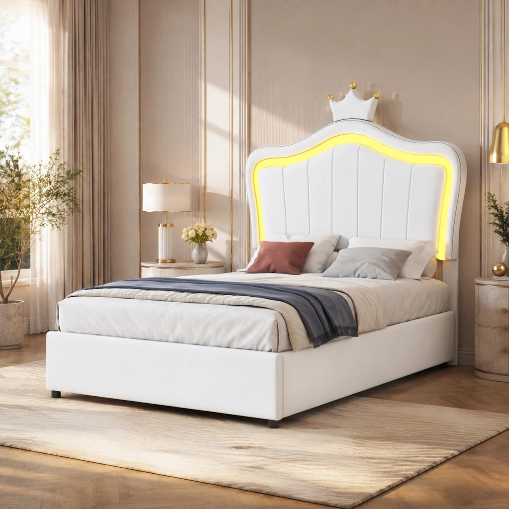 Letto imbottito per bambini 90x200 cm con LED; contenitore idraulico; testiera a conchiglia bianca