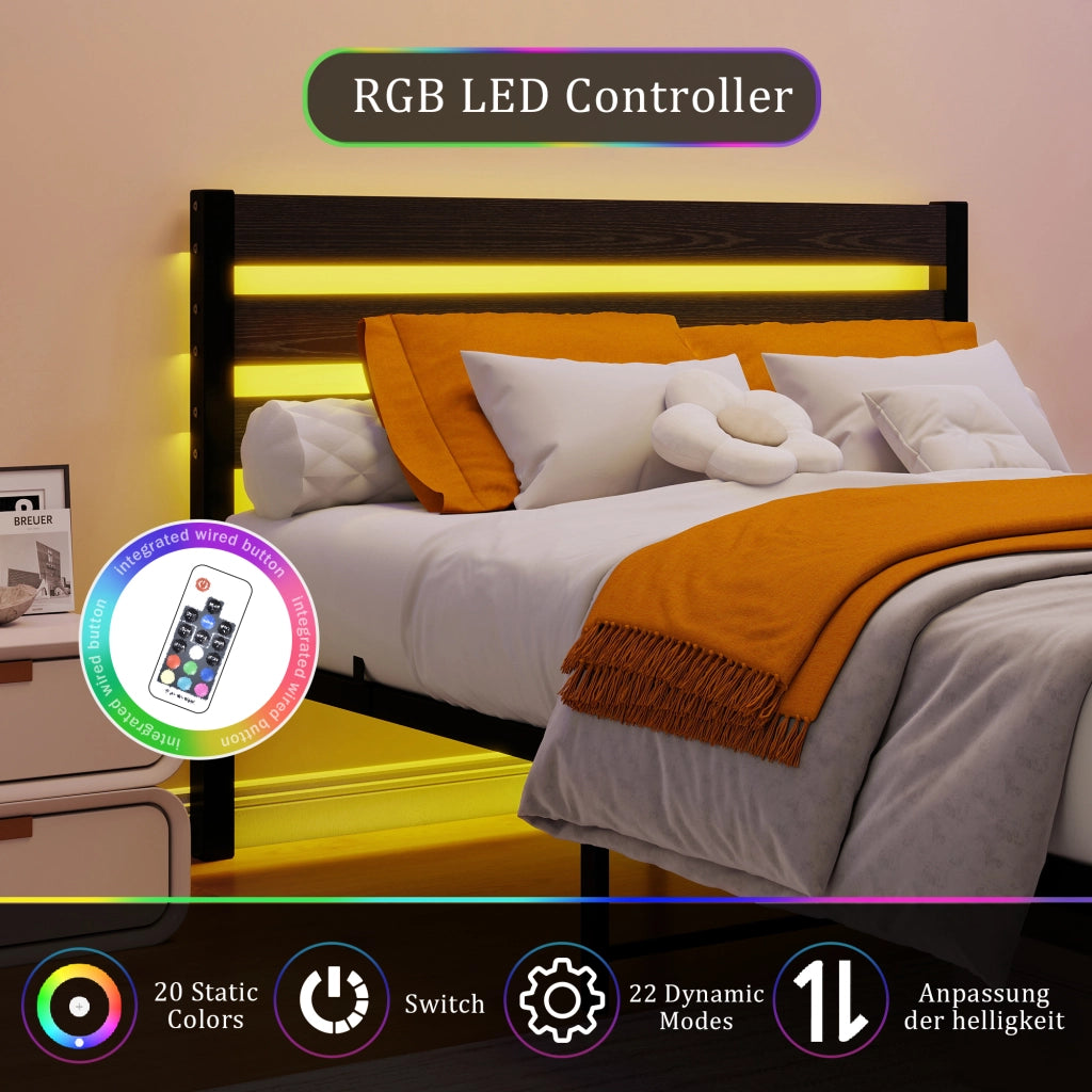 Letto in metallo con testiera, USB e LED, 140x200 cm