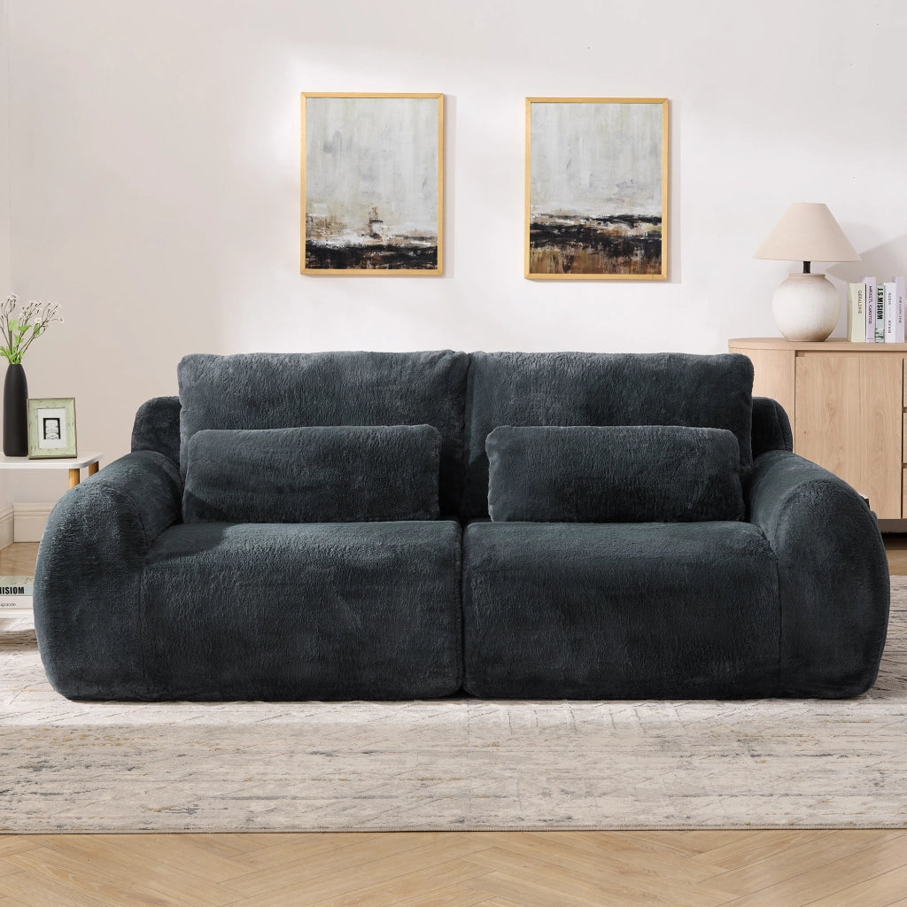 Divano a due posti compatto in tessuto effetto peluche con imbottitura elastica, USB e tasca laterale, grigio