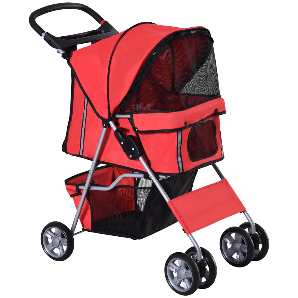 Carrello pieghevole per trasporto cani con accesso a due vie, cestino inferiore, rete anti-insetti, poliestere rosso