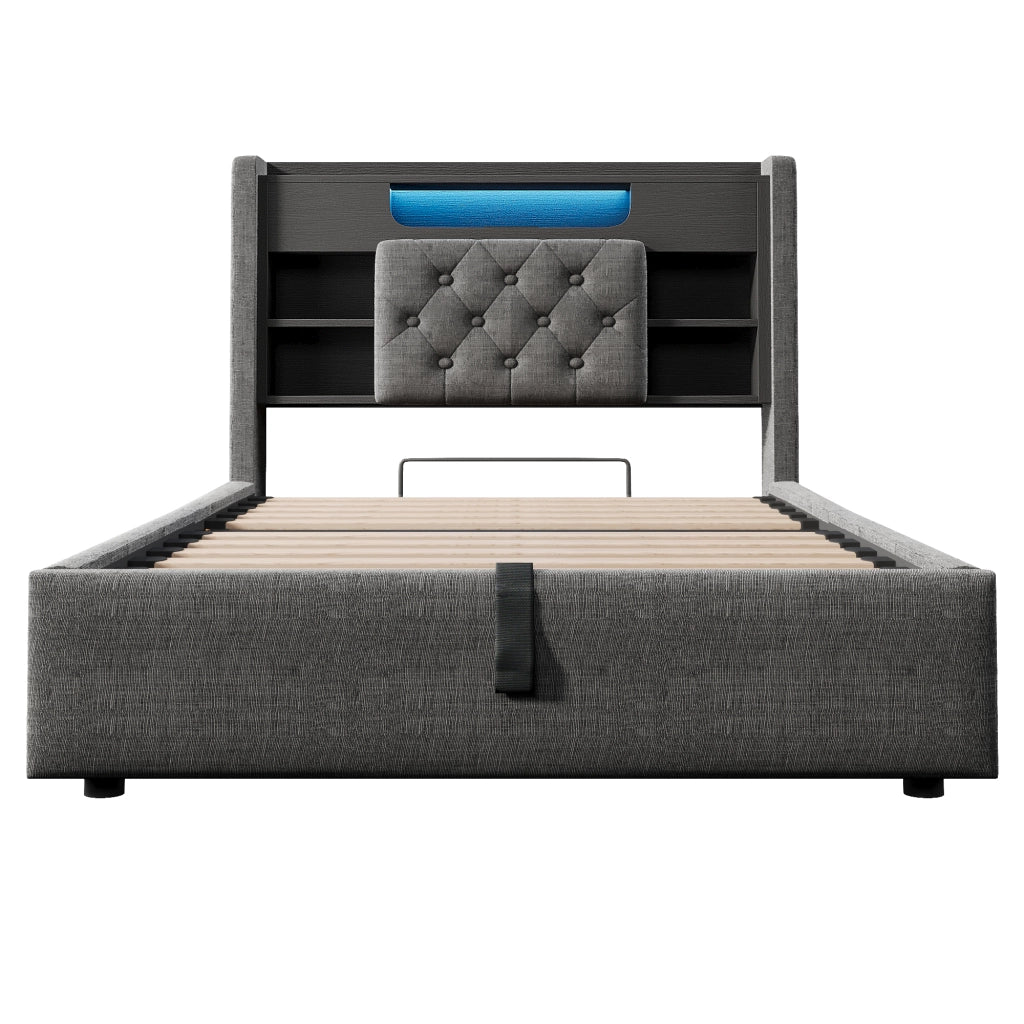 Letto contenitore 90x200 cm in lino grigio con LED, USB/Type-C e testiera con spazio contenitivo
