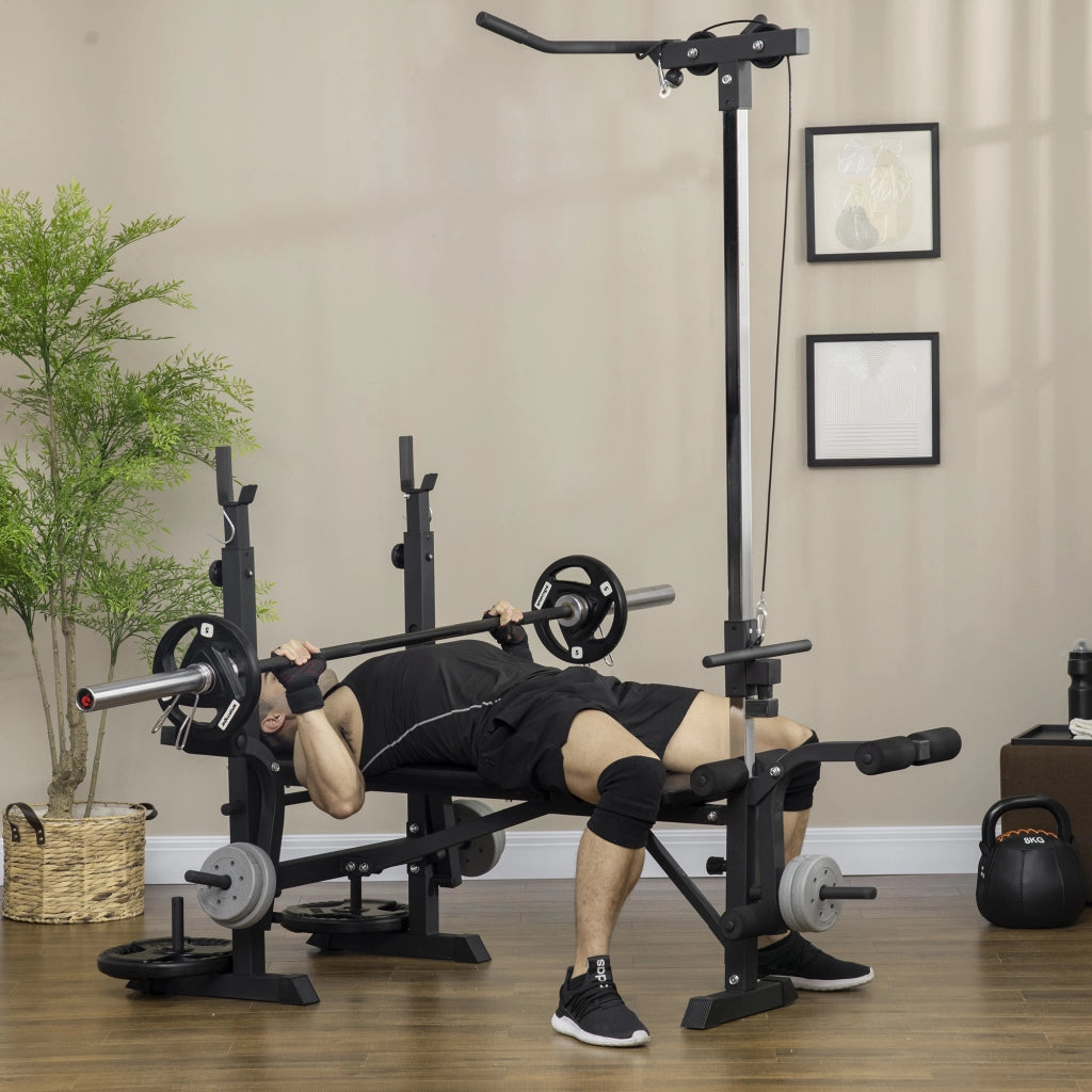 Panca Fitness con Leg Press, Squat Rack e Leg Extension, in Acciaio e PU, 180x134x200 cm, Nero e Argento