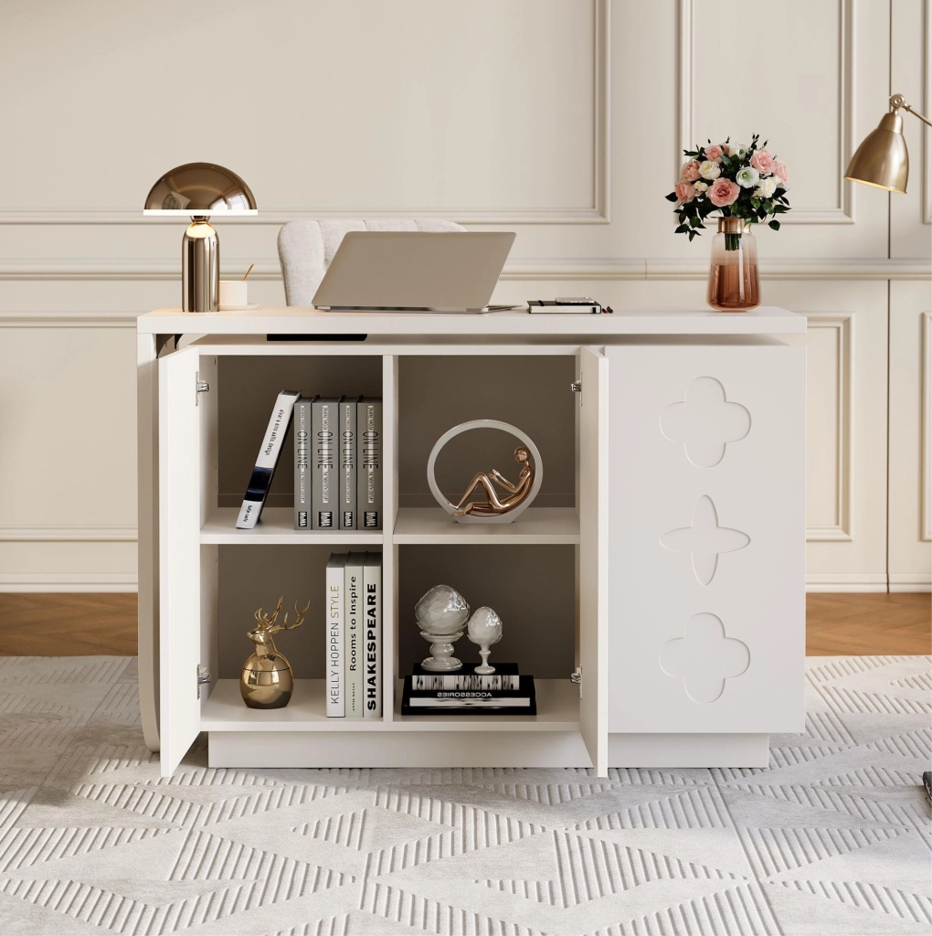 Scrivania angolare girevole a L 110 cm in MDF bianco con mobile contenitore