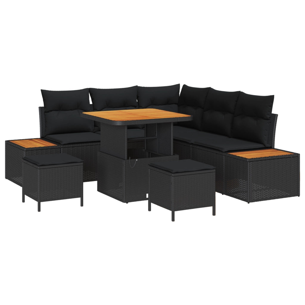 Set di 8 Pezzi Divano da Giardino con Cuscini Nero Polyrattan Acacia