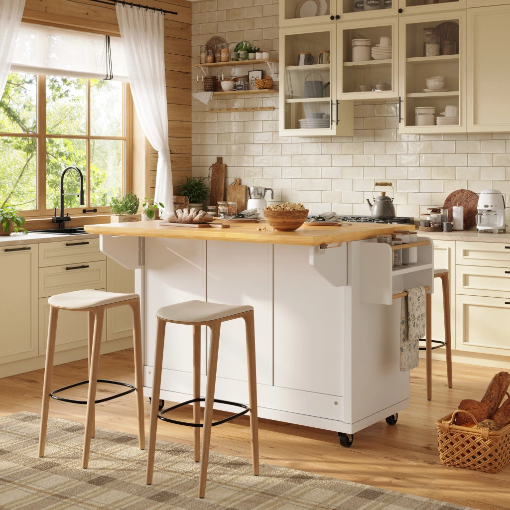 OKWISH Carrello da Cucina con Piano Pieghevole, 2 Ante e 5 Cassetti, Ruote, MDF e Metallo, Bianco