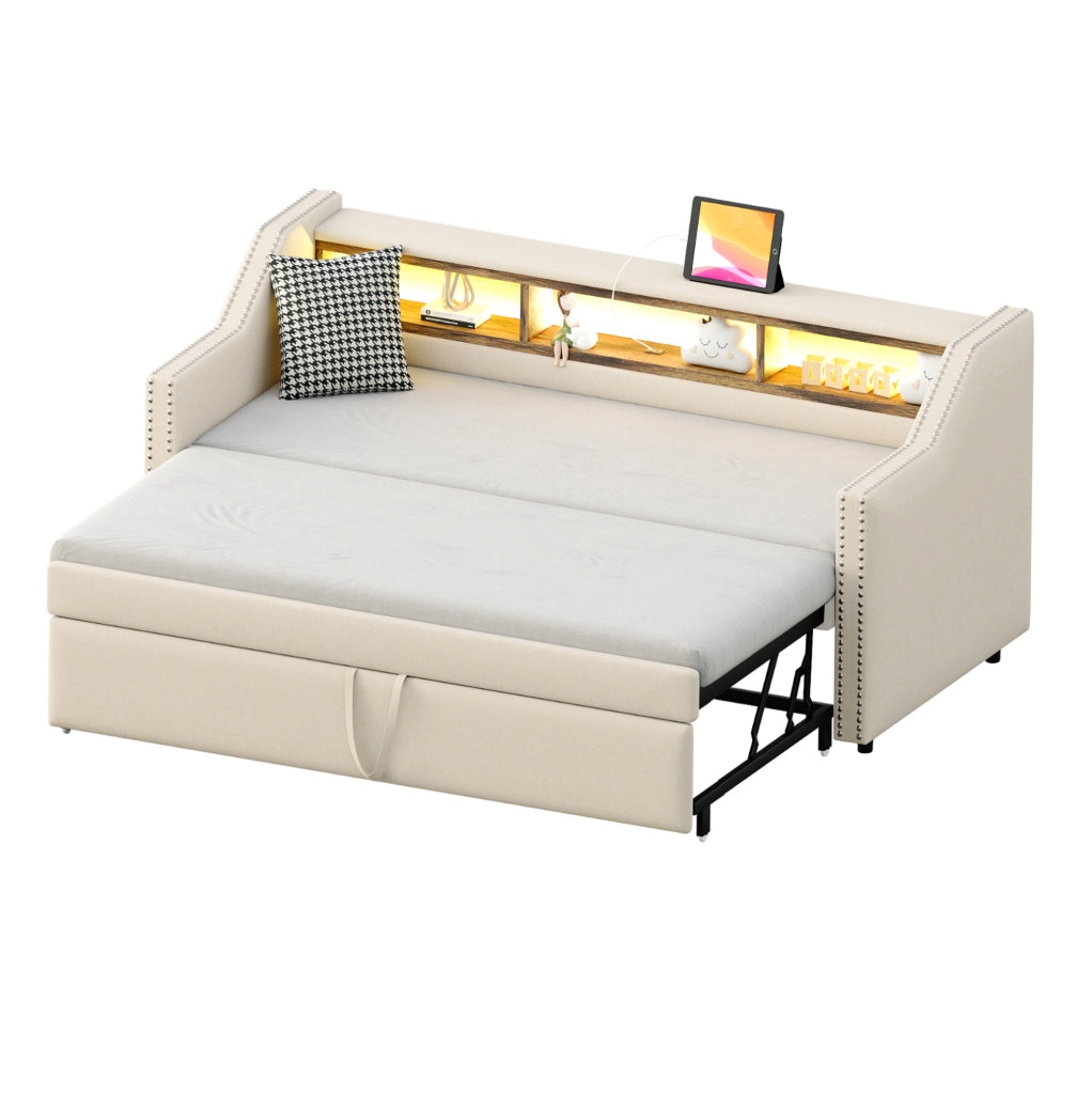 Divano letto imbottito estraibile 90/180 x 190 cm in lino beige con LED; USB e rete a doghe