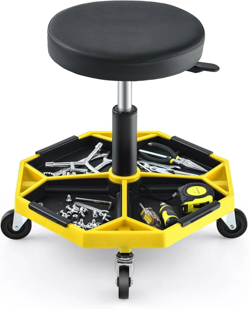 COSTWAY Sgabello da Officina con Ruote, con Ripiano per Attrezzi e Viti, Portata di 150 kg, Altezza Regolabile e Girevole, Sedia Meccanico per Garage, Officina (Giallo)
