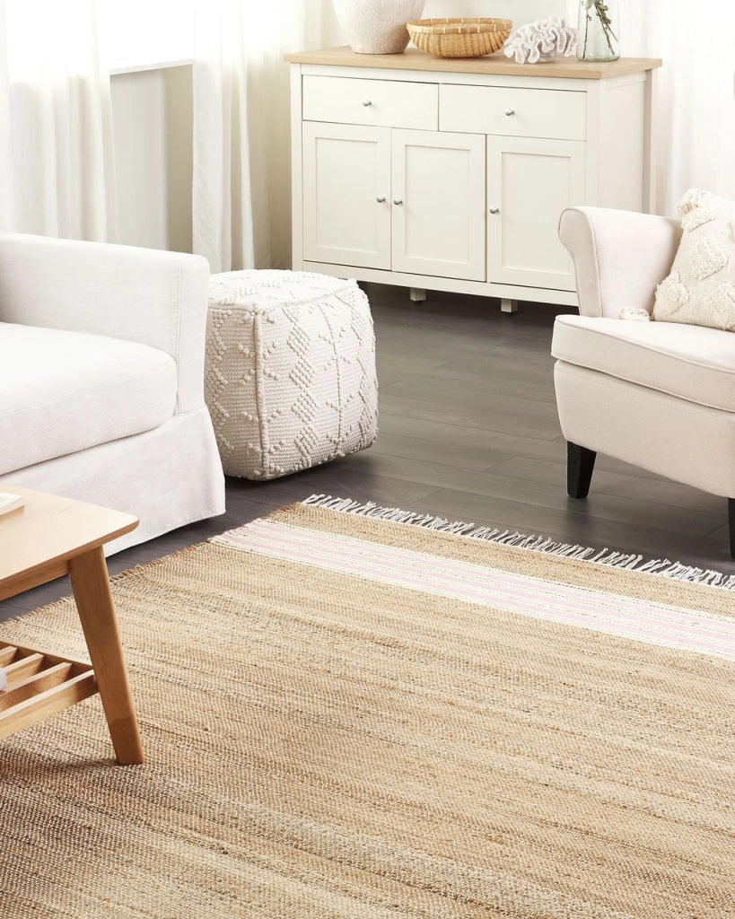 Tappeto in iuta con motivo a righe e nappe beige e rosa pastello 160 x 230 cm soggiorno camera da letto ingresso