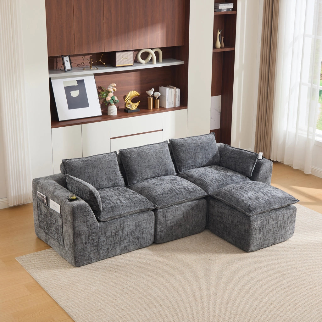 Divano modulare 3 posti con tasche laterali e cuscini - in chenille grigio scuro