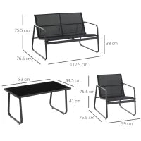 Set Tavolino con Panchina e 2 Sedie da Giardino, Arredamento da Esterno in Metallo e Texteline, Nero