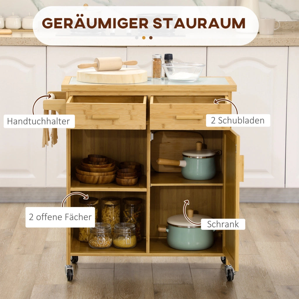 Carrello cucina in bambù con ante in rattan e piano in vetro