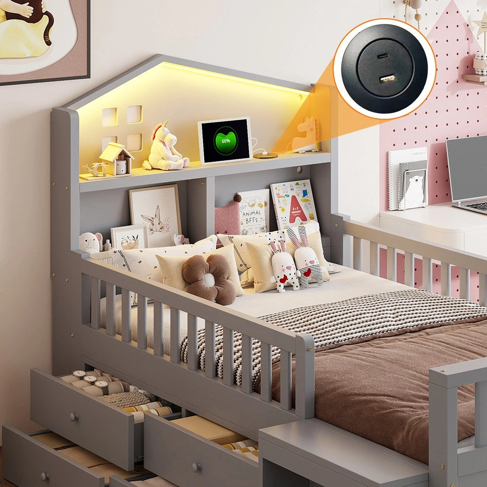 Letto Singolo con LED, USB, Cassetti e Rete a Doghe ¨C MINIMAL ¨C Massello Grigio 90x200