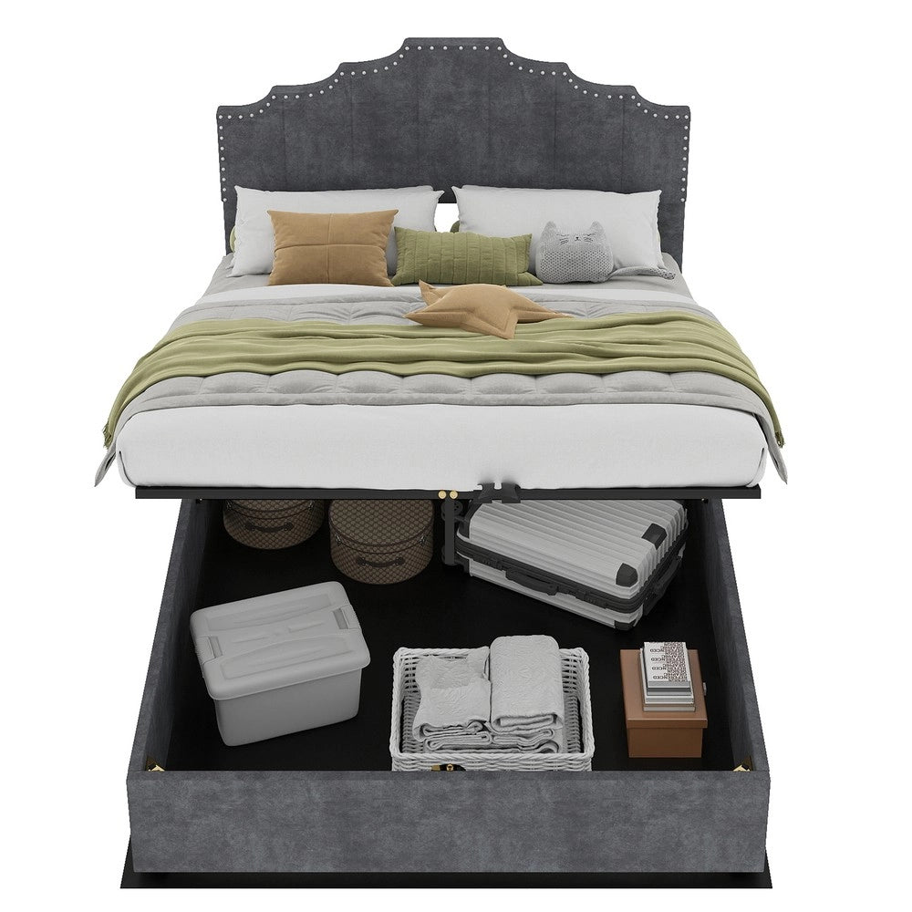 Letto Contenitore Imbottito ¨C MINIMAL ¨C Grigio 140x200 con Testiera, Struttura con Doghe