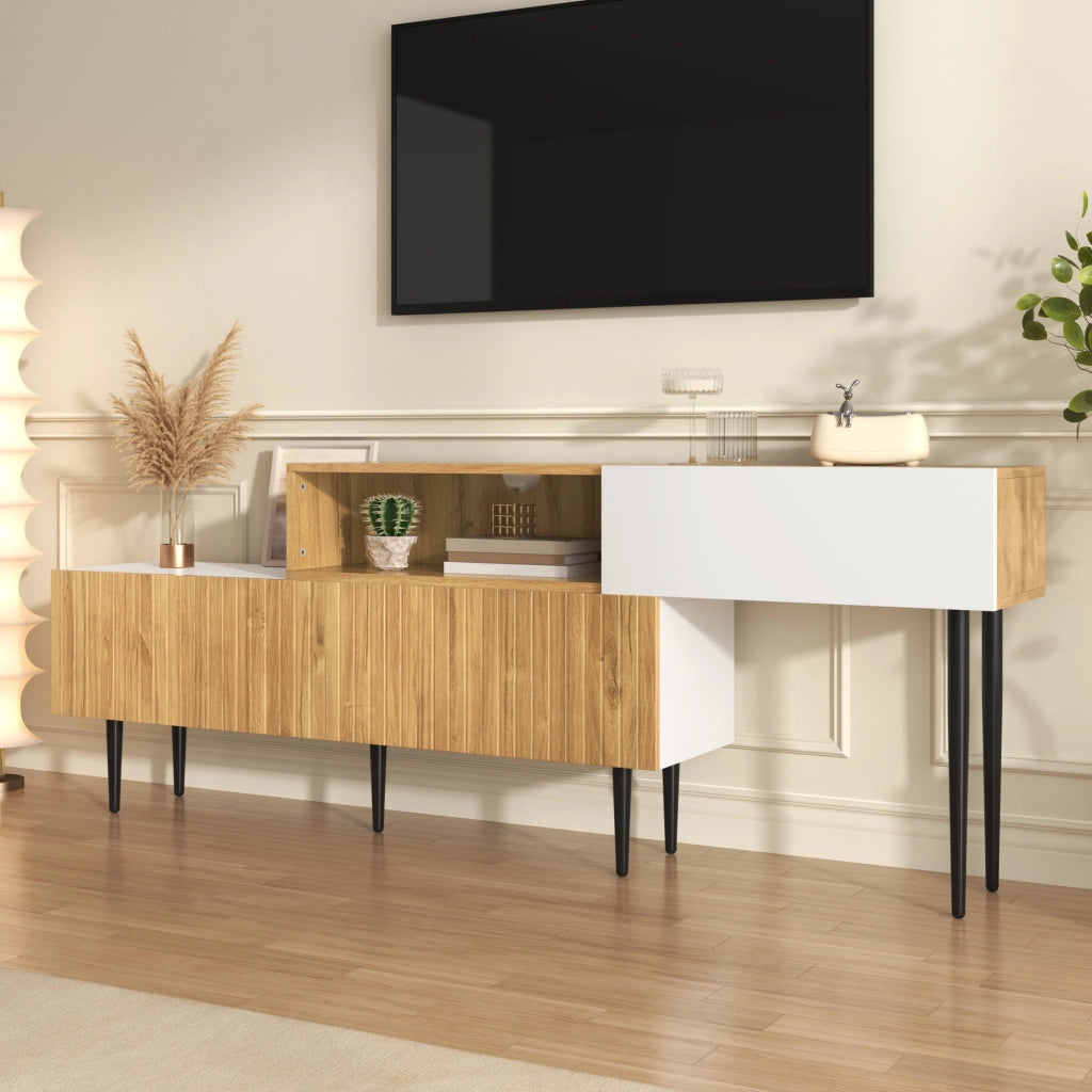 Mobile TV Modulare 2 Pezzi con 3 Ante a Ribalta e Passacavi; Stile Moderno; 240??30??63;5 cm; in MDF; Bianco e Legno