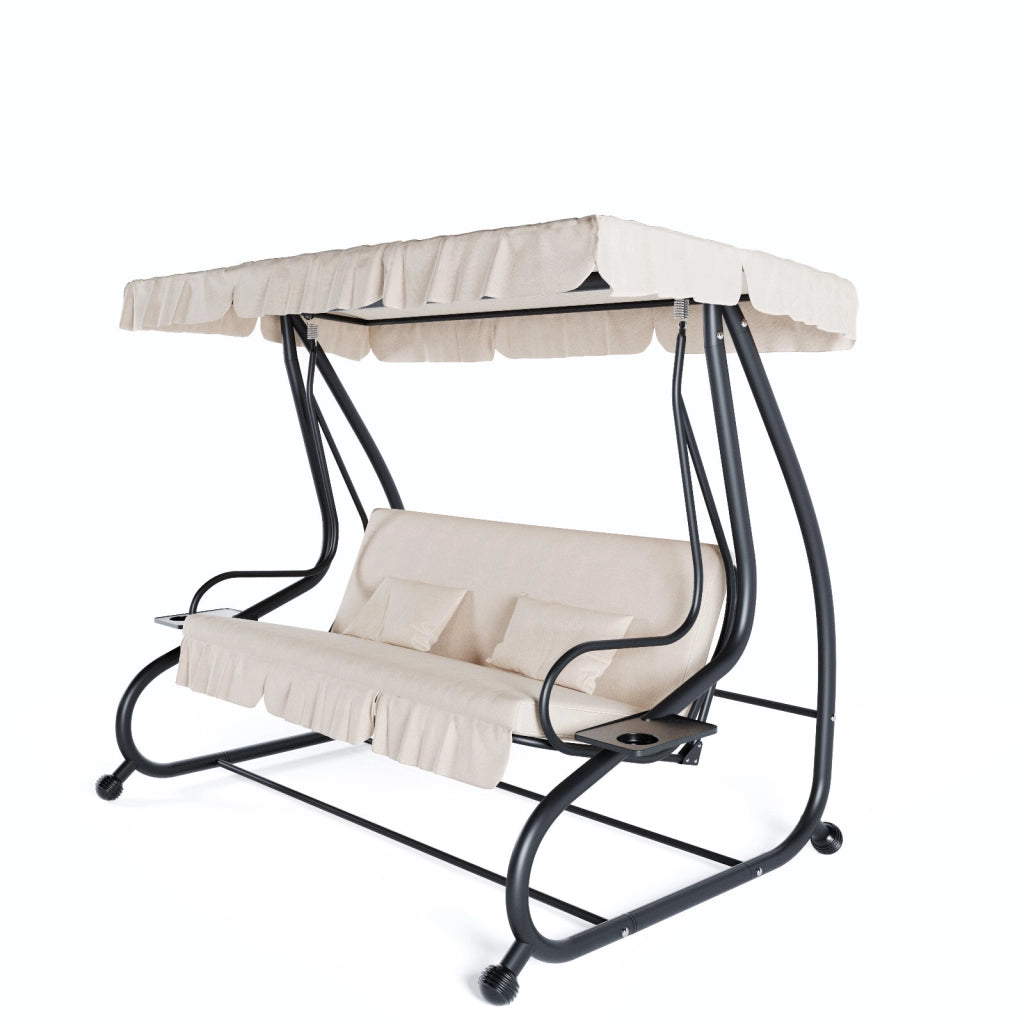 Dondolo Da Giardino 3 Posti Trasformabile In Letto Con Schienale Reclinabile Tetto Parasole Orientabile Cuscinatura Comfort Per Terrazza Balcone Patio E Outdoor Relax 200 x 120 x 160 Cm Beige