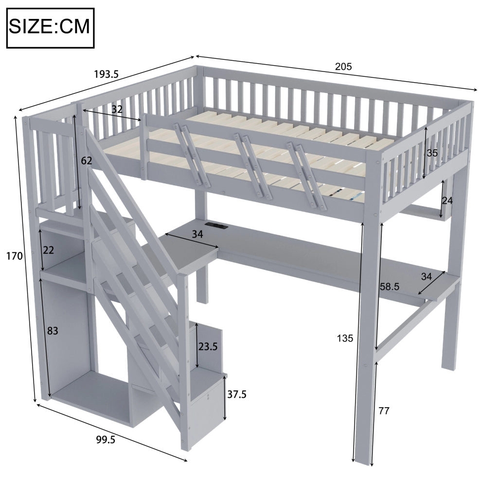 Letto a soppalco 140x200 cm con scala contenitore; scrivania; USB e LED; legno massello grigio