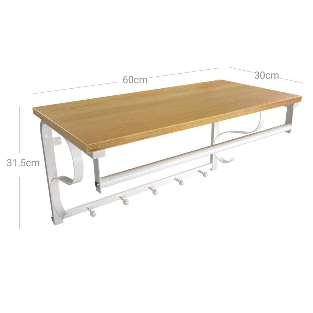 Appendiabiti da parete con ripiano portaoggetti mensola da parete con ganci mensola da parete con asta appendiabiti 5 ganci per ingresso camera da letto bagno soggiorno rovere 66 cm rovere e bianco 12_0002598